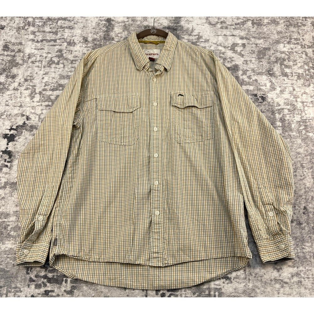 Simms Men's L Plaid Button Down Fishing Shirt Long Sleeve Cotton Tan Outdoor